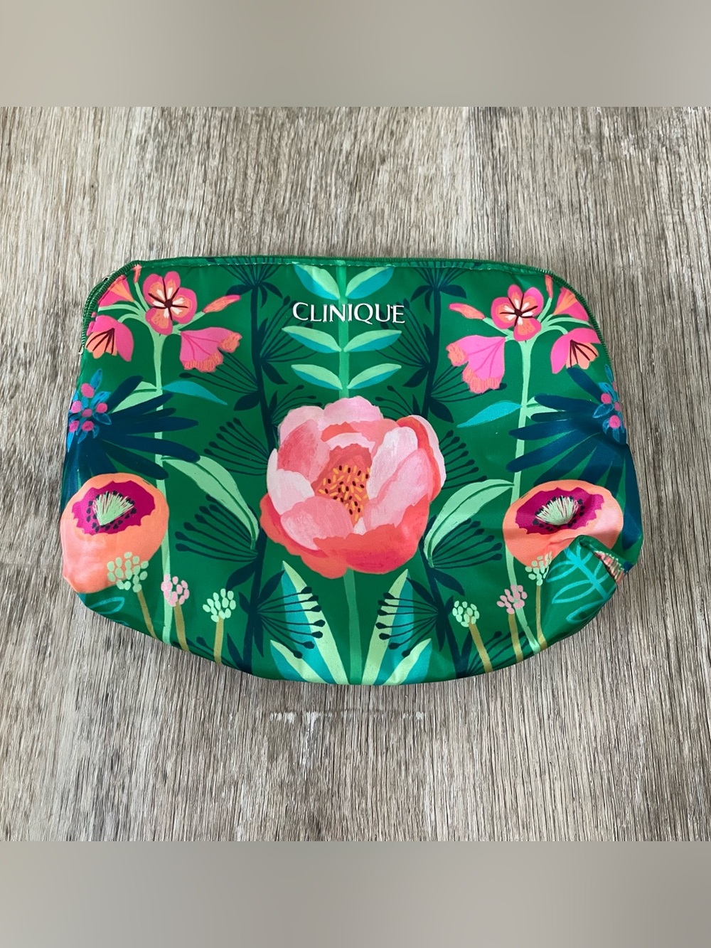Clinique Floral Makeup Bag Cosmetic Travel Pouch Green Pink Tropical Flower